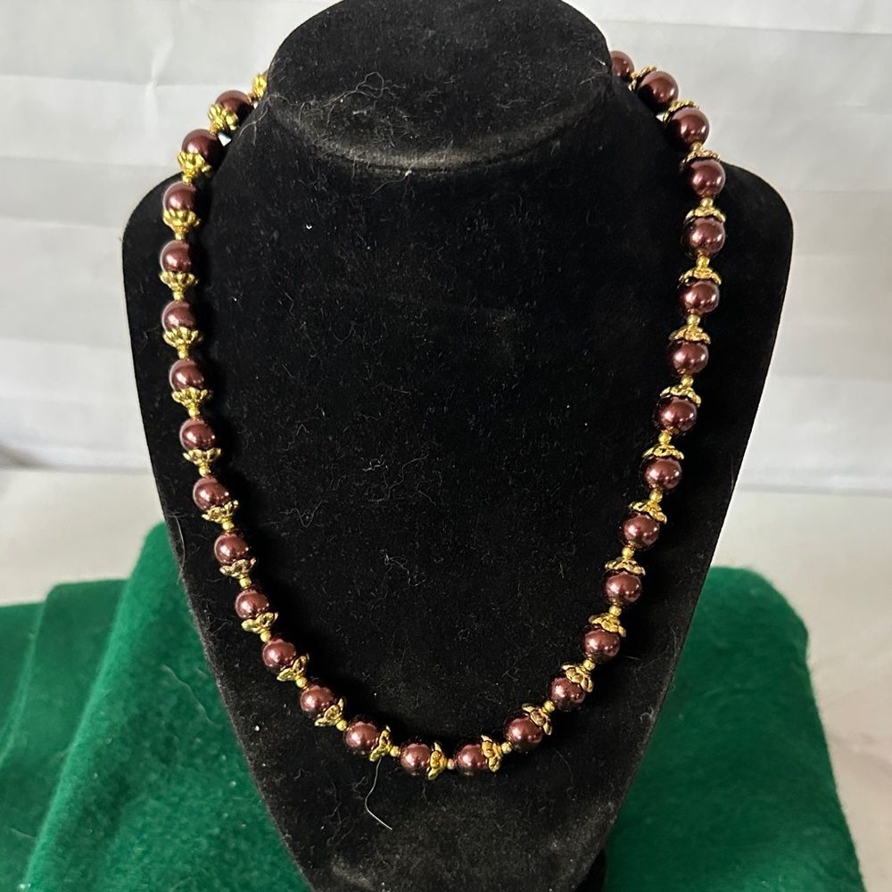 Elegant Gold Tone Jewelry Set – Dark Purple Beads Necklace & Earrings